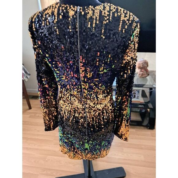 Medium Black Multicolor Sequin Bodycon Dress Stretch Mini Rear Zip Party Club - Picture 5 of 5